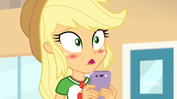 Size: 1365x767 | Tagged: safe, screencap, character:applejack, equestria girls:rollercoaster of friendship, g4, my little pony:equestria girls, blushing, cellphone, female, geode of super strength, phone, shocked, smartphone, solo