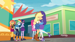 Size: 1365x767 | Tagged: safe, screencap, character:applejack, character:pinkie pie, character:rainbow dash, character:rarity, character:sunset shimmer, character:twilight sparkle, character:twilight sparkle (scitwi), species:eqg human, equestria girls:rollercoaster of friendship, g4, my little pony:equestria girls, converse, geode of empathy, geode of sugar bombs, geode of super speed, hug, magical geodes, shipping fuel, shoes
