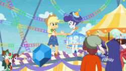 Size: 1365x767 | Tagged: safe, screencap, character:applejack, character:aqua blossom, character:drama letter, character:normal norman, character:rarity, character:scott green, character:velvet sky, character:watermelody, equestria girls:rollercoaster of friendship, g4, my little pony:equestria girls, background human, blueberry, food, geode of super strength, golden hazel, holding hands, rose heart, scott green, shipping fuel, velvet sky