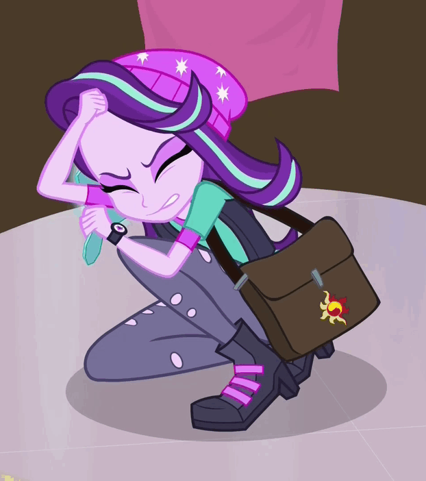 Size: 622x702 | Tagged: safe, screencap, character:starlight glimmer, equestria girls:mirror magic, g4, my little pony:equestria girls, animated, beanie, clothing, cropped, female, gif, hat, mirror, nervous, scared, shoulder bag, solo, talking