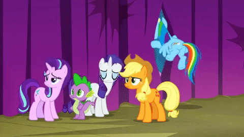 Size: 480x270 | Tagged: safe, screencap, character:applejack, character:rainbow dash, character:rarity, character:spike, character:starlight glimmer, episode:horse play, g4, my little pony: friendship is magic, angry, animated, annoyed, curtains, flying, gif, irritated, rainbow dumb, stage