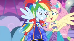Size: 1366x768 | Tagged: safe, screencap, character:fluttershy, character:rainbow dash, equestria girls:rollercoaster of friendship, g4, my little pony:equestria girls, duo, female, ponied up, shipping fuel