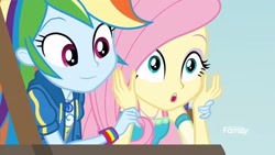 Size: 1366x768 | Tagged: safe, screencap, character:fluttershy, character:rainbow dash, equestria girls:rollercoaster of friendship, g4, my little pony:equestria girls, female, geode of fauna, geode of super speed, magical geodes