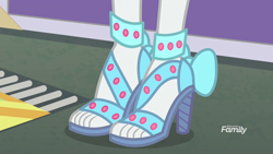 Size: 1280x720 | Tagged: safe, screencap, character:rarity, equestria girls:rollercoaster of friendship, g4, my little pony:equestria girls, bow, close-up, clothing, feet, foot focus, high heels, open-toed shoes, pictures of legs, sandals, shoes, solo, toes