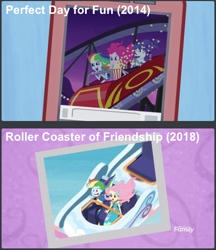 Size: 406x469 | Tagged: safe, screencap, character:fluttershy, character:pinkie pie, character:rainbow dash, character:rarity, episode:a perfect day for fun, equestria girls:rollercoaster of friendship, g4, my little pony:equestria girls, comparison, discovery family logo, faec, roller coaster