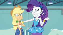 Size: 1366x768 | Tagged: safe, screencap, character:applejack, character:rarity, equestria girls:rollercoaster of friendship, g4, my little pony:equestria girls, faec, geode of shielding, geode of super strength, nervous, rarisnap, worried