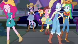 Size: 1280x720 | Tagged: safe, screencap, character:fluttershy, character:pinkie pie, character:rainbow dash, character:rarity, character:sunset shimmer, character:twilight sparkle, character:twilight sparkle (scitwi), species:eqg human, episode:five to nine, g4, my little pony:equestria girls, bandana, boots, clothing, cowboy boots, cowboy hat, cowgirl, dress, farmer pinkie, female, hat, limousine, mailbox, overalls, serape, spurs