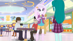 Size: 1366x768 | Tagged: safe, screencap, character:applejack, character:cold forecast, character:fleur-de-lis, equestria girls:rollercoaster of friendship, g4, my little pony:equestria girls, background human, canterlot mall, mall