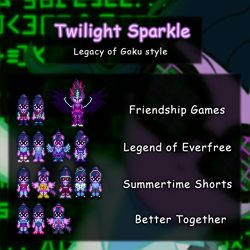 Size: 1000x1000 | Tagged: safe, artist:foxmaister, screencap, character:masked matter-horn, character:midnight sparkle, character:twilight sparkle, character:twilight sparkle (scitwi), species:eqg human, episode:good vibes, episode:mad twience, episode:power ponies, eqg summertime shorts, equestria girls:dance magic, equestria girls:forgotten friendship, equestria girls:friendship games, equestria girls:legend of everfree, equestria girls:movie magic, g4, my little pony: friendship is magic, my little pony:equestria girls, beach, clothing, crystal gala, crystal prep academy uniform, dragon ball, dragon ball z, dragon ball z: the legacy of goku, gameboy advance, glasses, midnight sparkle, pixel art, ponied up, school uniform, scitwilicorn, sprite, swimsuit, wings