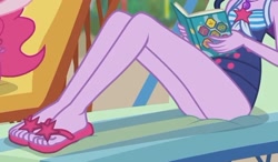 Size: 2100x1225 | Tagged: safe, screencap, character:twilight sparkle, character:twilight sparkle (scitwi), species:eqg human, episode:friendship math, g4, my little pony:equestria girls, clothing, cropped, feet, flip-flops, foot focus, legs, pictures of legs, sandals, schrödinger's pantsu, swimsuit