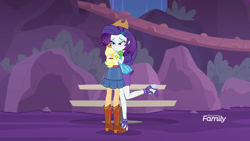Size: 1280x720 | Tagged: safe, screencap, character:applejack, character:rarity, equestria girls:rollercoaster of friendship, g4, my little pony:equestria girls, boots, clothing, discovery family logo, foot popping, gem, hug, jacket, jewelry, park, reunited, shipping fuel, shoes
