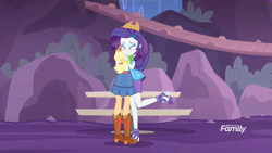 Size: 1280x720 | Tagged: safe, screencap, character:applejack, character:rarity, equestria girls:rollercoaster of friendship, g4, my little pony:equestria girls, boots, clothing, discovery family logo, foot popping, gem, hug, jacket, jewelry, one leg raised, park, reunited, shipping fuel, shoes