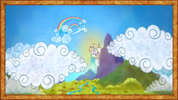 Size: 1280x720 | Tagged: safe, screencap, episode:friendship is magic, g4, my little pony: friendship is magic, book, canterlot, castle, cloud, cloudsdale, equestria, illustration, it begins, no pony, pony history, scenery, start of ponies