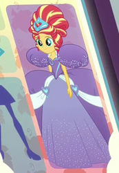 Size: 246x356 | Tagged: safe, screencap, character:sunset shimmer, equestria girls:rollercoaster of friendship, g4, my little pony:equestria girls, alternate hairstyle, clothing, cropped, crown, dress, gown, impossibly large dress, jewelry, poofy shoulders, princess, regalia, solo