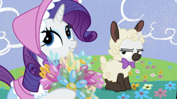 Size: 1920x1080 | Tagged: safe, screencap, character:rarity, character:sweetie belle, species:pony, species:sheep, episode:forever filly, g4, my little pony: friendship is magic, animal costume, balloon, clothing, costume, lamb, sheepie belle, sweetie belle is not amused, unamused