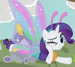 Size: 1019x901 | Tagged: safe, screencap, character:rarity, species:pony, episode:forever filly, g4, my little pony: friendship is magic, butterfly wings, cropped, one eye closed, rarifly (costume), solo, wink