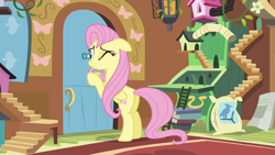 Size: 1280x720 | Tagged: safe, screencap, character:fluttershy, species:pegasus, species:pony, episode:it ain't easy being breezies, g4, my little pony: friendship is magic, bird feed, bird house, book, carpet, door, female, folded wings, mare, peephole, solo