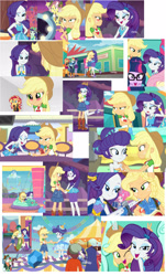 Size: 2000x3322 | Tagged: safe, screencap, character:applejack, character:blueberry cake, character:captain planet, character:drama letter, character:normal norman, character:rainbow dash, character:rarity, character:scott green, character:sunset shimmer, character:twilight sparkle, character:twilight sparkle (scitwi), character:watermelody, species:eqg human, ship:rarijack, equestria girls:rollercoaster of friendship, g4, my little pony:equestria girls, background human, best friends, blueberry cake, collage, converse, female, geode of shielding, geode of super speed, geode of super strength, lesbian, magical geodes, scott green, shipping, shipping fuel, shoes