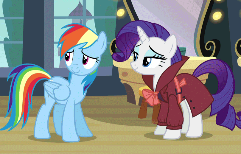 Size: 809x517 | Tagged: safe, screencap, character:rainbow dash, character:rarity, species:pegasus, species:pony, species:unicorn, episode:rarity investigates, g4, my little pony: friendship is magic, animated, blushing, clothing, looking at each other, shy, shy dashie, trenchcoat