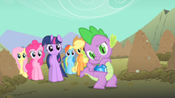 Size: 1280x720 | Tagged: safe, screencap, character:applejack, character:fluttershy, character:pinkie pie, character:rainbow dash, character:spike, character:twilight sparkle, character:twilight sparkle (unicorn), species:dragon, species:earth pony, species:pony, species:unicorn, episode:a dog and pony show, g4, my little pony: friendship is magic, cartoon logic, cartoon physics, female, gem, male, mare, pocket