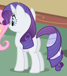 Size: 325x370 | Tagged: safe, screencap, character:rarity, species:pony, species:unicorn, episode:party of one, g4, my little pony: friendship is magic, butt, cropped, female, mare, plot, prehensile tail, tail hold