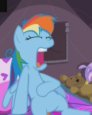 Size: 375x467 | Tagged: safe, screencap, character:rainbow dash, episode:sleepless in ponyville, g4, my little pony: friendship is magic, animated, morning ponies, solo, teddy bear, yawn