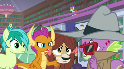 Size: 1280x720 | Tagged: safe, screencap, character:sandbar, character:smolder, character:spike, character:yona, species:dragon, species:pony, species:yak, episode:molt down, g4, my little pony: friendship is magic, clothing, fedora, hat, library, school of friendship, stone scales, sunglasses, trenchcoat