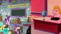 Size: 600x338 | Tagged: safe, screencap, character:starlight glimmer, episode:an apple for starlight, episode:school daze, g1, g4, my little pony tales, my little pony: friendship is magic, cropped, school, school of friendship