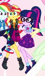 Size: 286x488 | Tagged: safe, screencap, character:rainbow dash, character:sunset shimmer, character:twilight sparkle, character:twilight sparkle (scitwi), species:eqg human, episode:so much more to me, g4, my little pony:equestria girls, boots, clothing, converse, cropped, geode of empathy, geode of super speed, geode of telekinesis, glasses, jacket, looking at you, magical geodes, ponytail, shipping fuel, shoes, skirt, smiling, sneakers, socks
