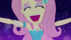 Size: 1280x720 | Tagged: safe, screencap, character:fluttershy, episode:so much more to me, g4, my little pony:equestria girls, cute, female, geode of fauna, happy, open mouth, outstretched arms, shyabetes, singing, solo