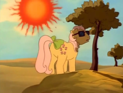 Size: 1018x768 | Tagged: safe, screencap, character:posey, species:pony, episode:the magic coins, g1, cloud, hot, sky, sun, sunglasses, tree