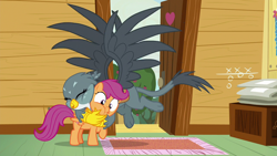 Size: 1280x720 | Tagged: safe, screencap, character:gabby, character:scootaloo, species:pegasus, species:pony, episode:the fault in our cutie marks, g4, my little pony: friendship is magic, clubhouse, crusaders clubhouse, cute, duo, glomp, hug, squishy cheeks