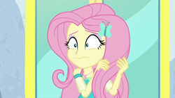 Size: 1280x720 | Tagged: safe, screencap, character:fluttershy, episode:so much more to me, g4, my little pony:equestria girls, female, geode of fauna, magical geodes, nervous, solo, wavy mouth