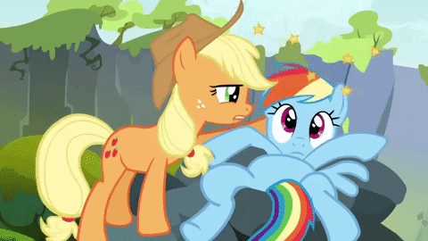 Size: 480x270 | Tagged: safe, screencap, character:applejack, character:rainbow dash, species:earth pony, species:pegasus, species:pony, episode:spike at your service, g4, my little pony: friendship is magic, animated, circling stars, dizzy, duo, female, looking at you, mare, season 3, stars