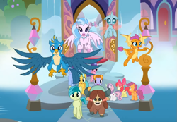 Size: 1021x705 | Tagged: safe, screencap, character:apple bloom, character:gallus, character:ocellus, character:sandbar, character:scootaloo, character:silverstream, character:smolder, character:sweetie belle, character:yona, species:changeling, species:classical hippogriff, species:dragon, species:earth pony, species:griffon, species:hippogriff, species:pegasus, species:pony, species:reformed changeling, species:unicorn, species:yak, episode:marks for effort, g4, my little pony: friendship is magic, bow, cloven hooves, cute, cutie mark crusaders, diaocelles, diastreamies, dragoness, female, flying, gallabetes, hair bow, jewelry, looking at you, male, monkey swings, necklace, sandabetes, school of friendship, smolderbetes, student six, teenager, yonadorable