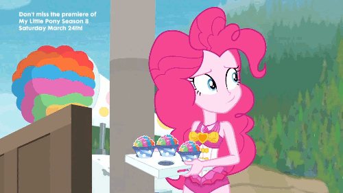 Size: 500x281 | Tagged: safe, screencap, character:pinkie pie, species:seagull, episode:too hot to handle, g4, my little pony:equestria girls, animated, clothing, snowcone, swimsuit