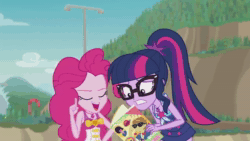 Size: 1280x720 | Tagged: safe, screencap, character:feather bangs, character:pinkie pie, character:twilight sparkle, character:twilight sparkle (scitwi), species:eqg human, episode:friendship math, g4, my little pony:equestria girls, animated, clothing, duo, duo female, female, geode of telekinesis, magazine, one-piece swimsuit, ponytail, sound, swimsuit, webm