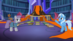 Size: 1366x768 | Tagged: safe, screencap, character:maud pie, character:trixie, episode:uncommon bond, g4, my little pony: friendship is magic, board game, dragon pit, library, volcano