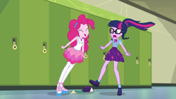 Size: 1920x1080 | Tagged: safe, screencap, character:pinkie pie, character:twilight sparkle, character:twilight sparkle (scitwi), species:eqg human, episode:stressed in show, g4, my little pony:equestria girls, clothing, eyes closed, female, geode of sugar bombs, geode of telekinesis, glasses, pantyhose, ponytail, sandals, shoes, skirt, socks, stressed in show: pinkie pie, yelling