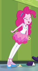 Size: 551x1016 | Tagged: safe, screencap, character:pinkie pie, character:twilight sparkle, character:twilight sparkle (scitwi), species:eqg human, episode:stressed in show, g4, my little pony:equestria girls, clothing, cropped, female, geode of sugar bombs, offscreen character, pantyhose, pinkie being pinkie, pinkie physics, sandals, shoes, skirt, stressed in show: pinkie pie, yay, yelling
