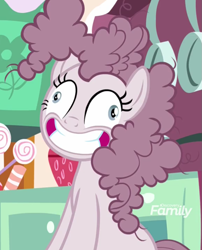 Size: 871x1078 | Tagged: safe, screencap, character:pinkamena diane pie, character:pinkie pie, species:earth pony, species:pony, episode:yakity-sax, g4, my little pony: friendship is magic, contemplating insanity, cropped, derp, discovery family logo, faec, female, grin, happy, mare, sitting, smiling, solo