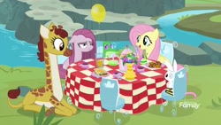 Size: 1920x1080 | Tagged: safe, screencap, character:angel bunny, character:clementine, character:fluttershy, character:gummy, character:pinkamena diane pie, character:pinkie pie, species:earth pony, species:pegasus, species:pony, species:rabbit, episode:yakity-sax, g4, my little pony: friendship is magic, alligator, balloon, discovery family logo, female, giraffe, male, mare, tea party