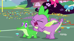 Size: 1920x1080 | Tagged: safe, screencap, character:gummy, character:spike, species:dragon, episode:yakity-sax, g4, my little pony: friendship is magic, discovery family logo, eyes closed, winged spike, wings, yelling