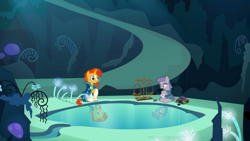 Size: 1366x768 | Tagged: safe, screencap, character:maud pie, character:sunburst, episode:uncommon bond, g4, my little pony: friendship is magic, cave, cave pool, mirror pool, pebbles, scales, this will not end well