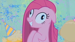 Size: 1364x768 | Tagged: safe, screencap, character:pinkamena diane pie, character:pinkie pie, episode:party of one, g4, my little pony: friendship is magic, contemplating insanity, derp, happy, smiling, solo