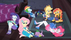 Size: 1366x768 | Tagged: safe, screencap, character:applejack, character:fluttershy, character:pinkie pie, character:rainbow dash, character:rarity, character:spike, character:spike (dog), character:sunset shimmer, species:dog, episode:the finals countdown, g4, my little pony:equestria girls, balloon, converse, female, geode of empathy, geode of fauna, geode of sugar bombs, geode of super speed, geode of super strength, humane five, magical geodes, male, paws, shoes, tug of war