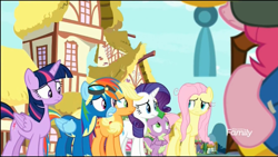 Size: 1366x768 | Tagged: safe, screencap, character:applejack, character:fluttershy, character:pinkie pie, character:rainbow dash, character:rarity, character:spike, character:twilight sparkle, character:twilight sparkle (alicorn), species:alicorn, species:dragon, species:pony, episode:yakity-sax, g4, my little pony: friendship is magic, clothing, goggles, mane six, ponyville, uniform, winged spike, wings, wonderbolts uniform