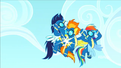 Size: 1769x995 | Tagged: safe, screencap, character:rainbow dash, character:soarin', character:spitfire, episode:yakity-sax, g4, my little pony: friendship is magic, clothing, crashing, goggles, uniform, wonderbolts, wonderbolts uniform