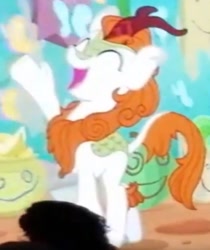 Size: 751x892 | Tagged: safe, screencap, character:autumn blaze, species:kirin, episode:sounds of silence, g4, my little pony: friendship is magic, season 8, awwtumn blaze, cropped, cute, eyes closed, female, open mouth, raised hoof, singing