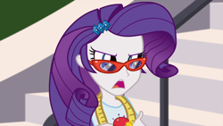 Size: 1280x720 | Tagged: safe, screencap, character:rarity, equestria girls:friendship games, g4, my little pony:equestria girls, annoyed, female, glasses, glasses rarity, madorable, measuring tape, pincushion, rarity's glasses, solo, unamused